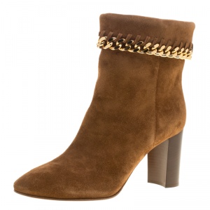 Pre Owned Casadei Brown Suede Renna Chain Trim Ankle Boots Size 38.5