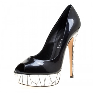Pre Owned Casadei Black Patent Leather Mosaic Mirror Heel Peep Toe Platform Pumps Size 40