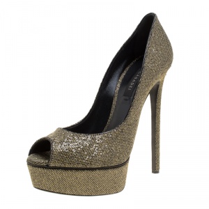 Pre Owned Casadei Black Glitter Lamé Fabric Daisy Peep Toe Platform Pumps Size 39