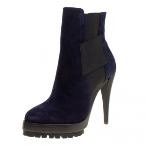 Pre Owned Casadei Navy Blue Suede Platform Ankle Boots Size 37
