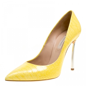 Pre Owned Casadei Yellow Croc Embossed Patent Leather Pointed Toe Pumps Size 38