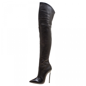 Pre Owned Casadei Black Leather Blade Over The Knee Pointed Toe Boots Size 37