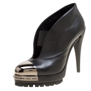 Pre Owned Casadei Black Leather V Neck Metal Cap Toe Platform Booties Size 38