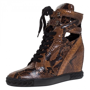 Pre Owned Casadei Brown/Black Python Embossed Leather Wedge Cut Out Chain Motif Buckle Ankle Boots Size 39