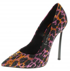 Pre Owned Casadei Multicolor Crystal Studded Animal Print Satin Jungle Pop Blade Heel  Pumps Size 36