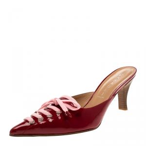 Pre Owned Casadei Red Patent Leather Lace Up Slip On Pointed Toe Sandals Size 38