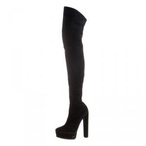 Pre Owned Casadei Black Stretch Suede Over the Knee Boots Size 37