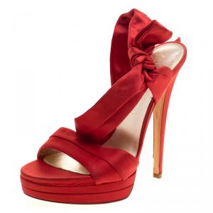Pre Owned Casadei Red Satin Ankle Wrap Platform Sandals Size 