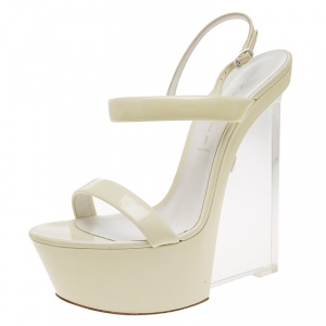Pre Owned Casadei Cream Patent Leather Plexiglass Wedge Slingback Sandals Size 39