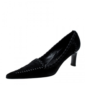 Pre Owned Casadei Black Suede and Pony Hair Cross Stitch Trim Pointed Toe Pumps Size 38