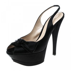 Casadei Black Satin Peep Toe Slingback Sandals Size 37