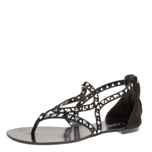 Casadei Black Cut Out Suede Crystal Embellished Flat Thong Sandals Size 36
