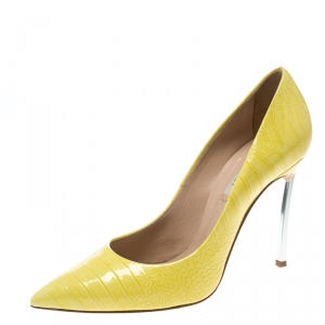 Pre Owned Casadei Yellow Croc Embossed Patent Leather Pointed Toe Pumps Size 37.5