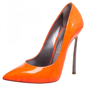 Pre Owned Casadei Neon Orange Leather Blade Pumps Size 37