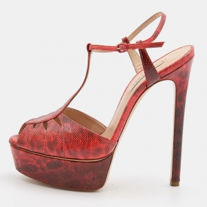 Pre Owned Casadei Red Karung Leather Platform Ankle Strap Sandals Size 37