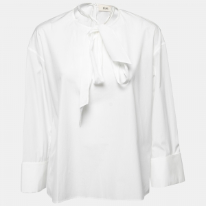 Celine White Cotton Poplin Tie-Neck Blouse M