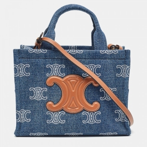 Pre Owned Celine Blue Triomphe Denim Small Cabas Thais Tote