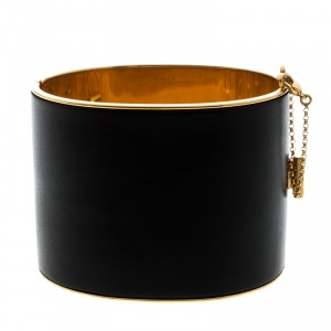 Céline Black Leather Gold Tone Wide Cuff Bracelet