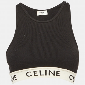 Celine Black Logo Intarsia Rib Knit Halter Neck Crop Top S