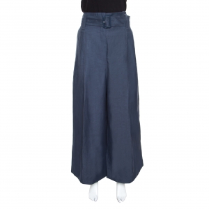 Celine Blue Linen High Waist Belted Flared Culottes L