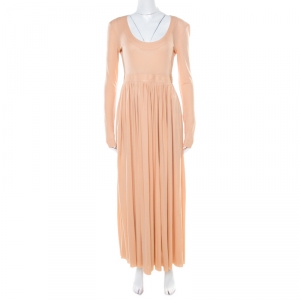 Celine Peach Stretch Knit Tie Up Detail Gathered Empire Maxi Dress M