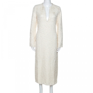 Celine Cream Wool  Blend V Neck Midi Dress L