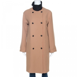 Celine Beige Wool Contrast Trim Detail Double Breasted Coat S