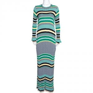Celine Green Striped Knit Long Sleeve Maxi Dress M