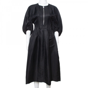Pre Owned Celine Black Linen Zip Front Balloon Sleeve Dress M