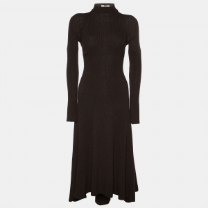 Pre Owned Celine Brown Wool Knit Open Back High Neck Midi Dress L