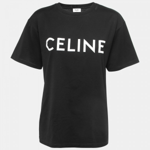 Celine Black Logo Print Cotton Crew Neck Boxy Fit T-Shirt XS
