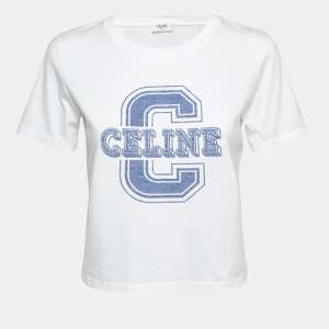 Pre Owned Celine White Logo Print Cotton Crew Neck T-Shirt XS