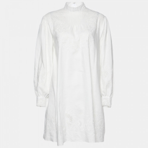 Celine White Cotton & Linen Embroidered Shift Dress M