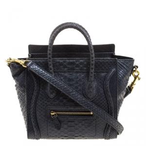 Pre Owned Celine Navy Blue Python Nano Luggage Tote