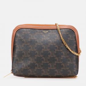 Pre Owned Celine Brown Triomphe Coated Canvas Clutch On Chain