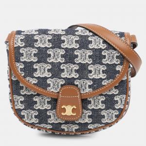 Pre Owned Celine Brown Navy Blue Mini Triomphe Canvas and Calfskin Besace Crossbody