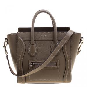 Pre Owned Celine Khaki Leather Nano Luggage Tote