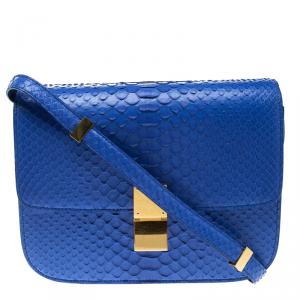 Pre Owned Celine Blue Python Medium Classic Box Shoulder Bag