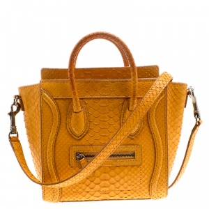 Pre Owned Celine Mustard Yellow Python Nano Luggage Tote