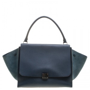 Pre Owned Celine Blue Leather and Suede Large Trapeze Tote