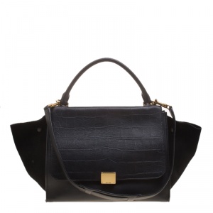 Pre Owned Celine Black Croc Emboosed Leather and Suede Medium Trapeze Bag