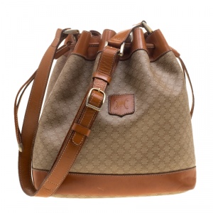 Pre Owned Celine Beige/Cognac Macadam Coated Canvas and Leather Drawstring Bucket Bag