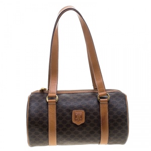 Céline Brown Coated Canvas Macadam Boston Bag