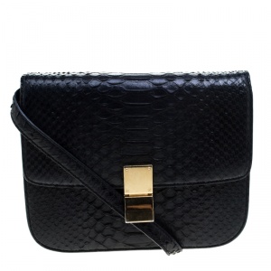 Pre Owned Celine Black Python Medium Classic Box Shoulder Bag