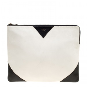 Pre Owned Celine White/Black Leather Large Coeur Clutch