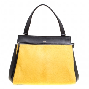 Pre Owned Celine Black/Yellow Leather and Calf Hair Medium Edge Bag