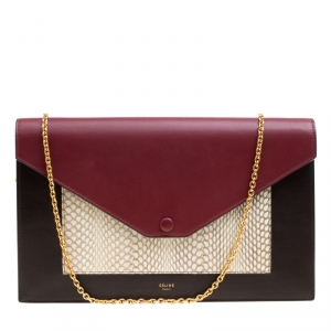 Pre Owned Celine Tri Color Leather and Snakeskin Envelope Chain Clutch