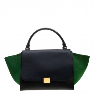 Pre Owned Celine Black/Green Leather and Suede Medium Trapeze Tote