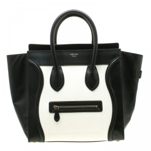 Pre Owned Celine Black/White Leather Mini Luggage Tote