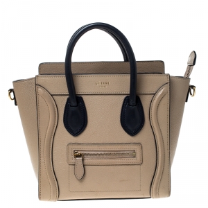 Pre Owned Celine Beige/Black Leather Nano Luggage Tote